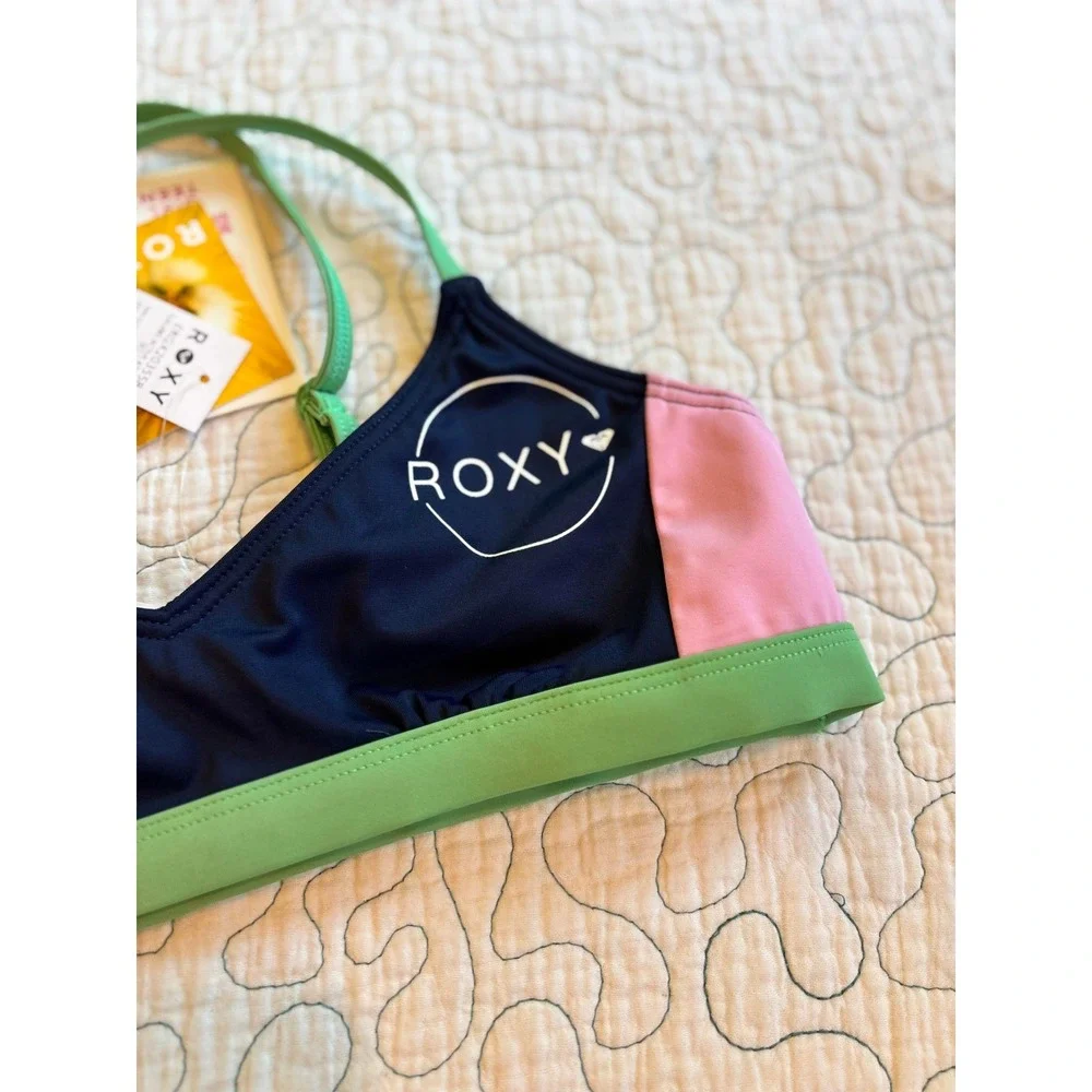 Roxy Girl Bikini Top Navy Pink Green Colorblock Adjustable Straps‎ Size 12